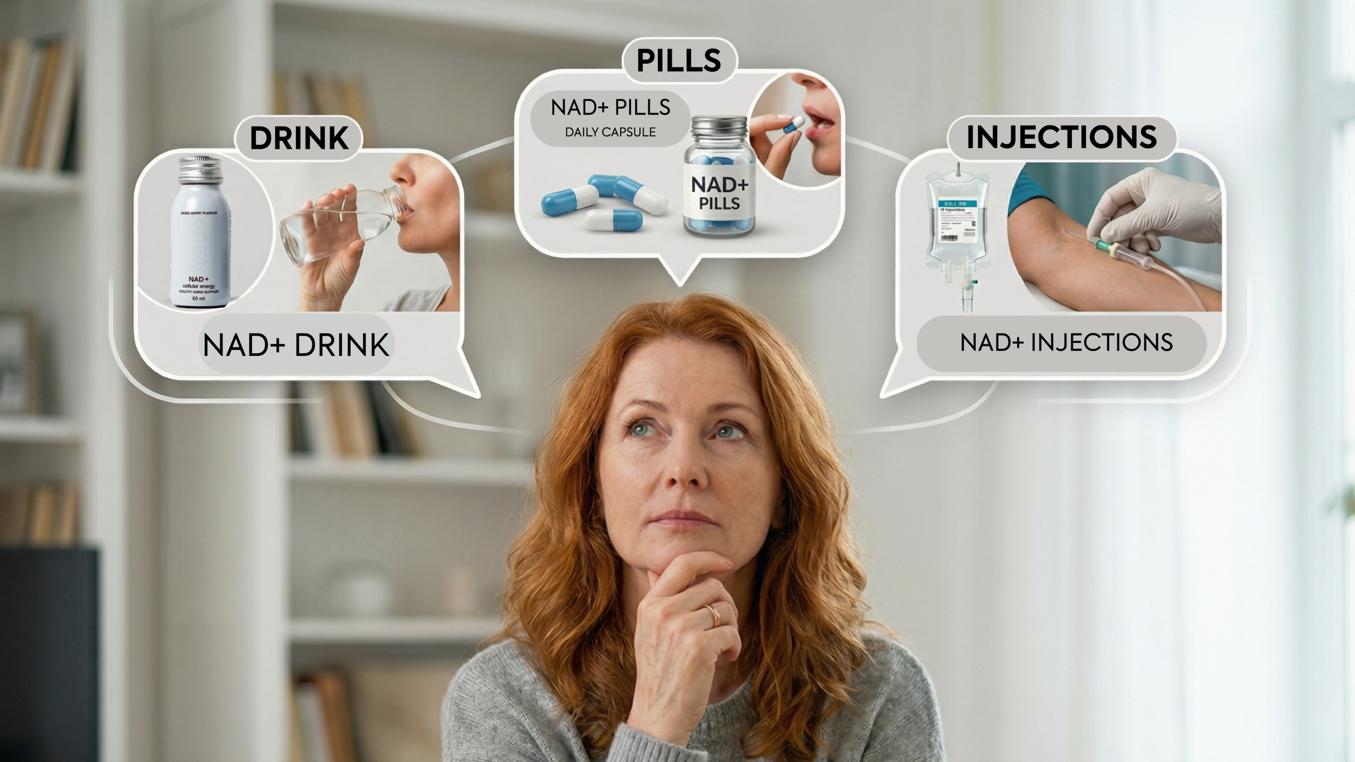mparison of NAD+ capsules, IV infusions, and the NEU+ NAD+ drink showing differences in bioavailability, cost, time required, and ease of maintaining a daily routine